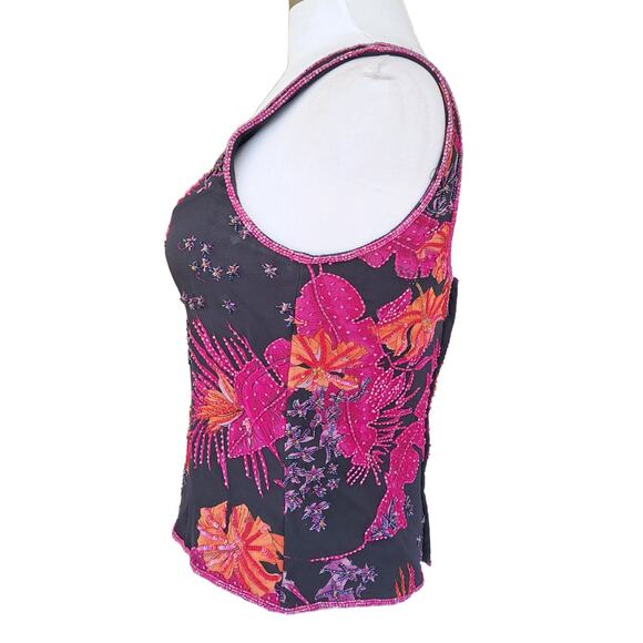 ANDRETTA DONATELLO Silk Beaded Tropical Floral Sleeveless Top Small Black Pink - Picture 4 of 9